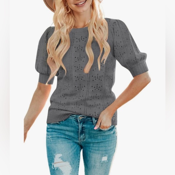 Merokeety Sweaters - Cozy Gray Sweater with Short Sleeves